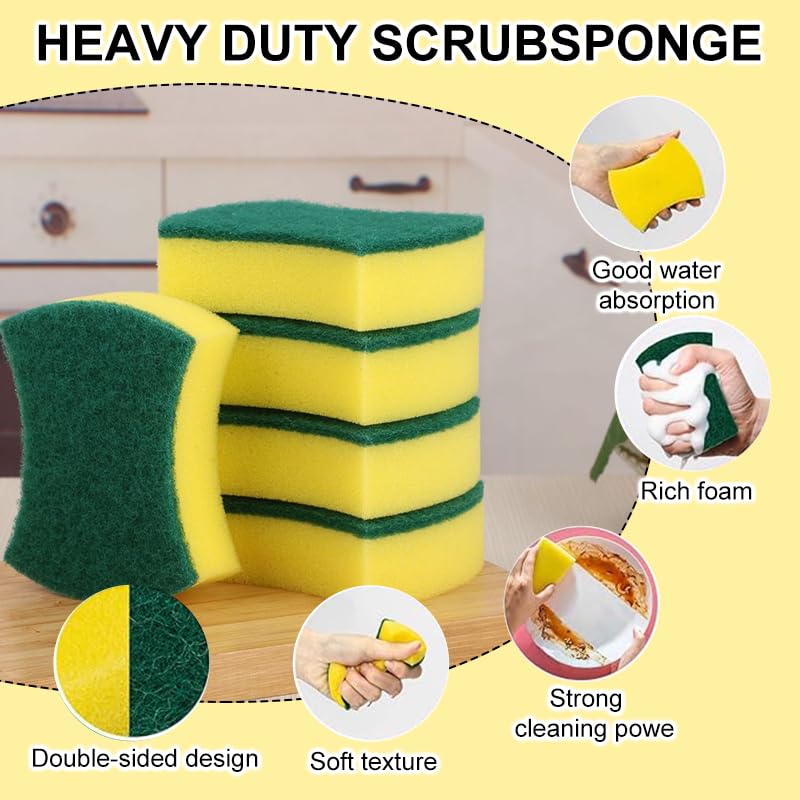 10Pcs Kitchen Cleaning Sponge, Heavy Duty Cleaning Dish Scrubber Sponge for Home Kitchen, Dual Sided Non-Scratch Sponges for Washing Dishes, Pots and Pans