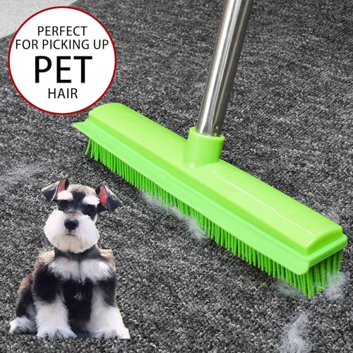 Rubber Broom and Dustpan Set,Pet Hair Removal Rubber Broom with Squeegee and Stainless Steel Dust Pan,Carpet Rake Push Broom and Dustpan for Fluff Hardwood Floor Tile (Green) - color: Green