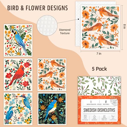 Swedish Dishcloths for Kitchen, 5 Pack Reusable Paper Towels Washable, Super Absorbent Kitchen Towels, No Odor Dish Rags, Biodegradable, Quick Drying, Dishwasher Safe - color: 5 Count- Flowers and Birds