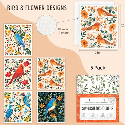 Swedish Dishcloths for Kitchen, 5 Pack Reusable Paper Towels Washable, Super Absorbent Kitchen Towels, No Odor Dish Rags, Biodegradable, Quick Drying, Dishwasher Safe - color: 5 Count- Flowers and Birds