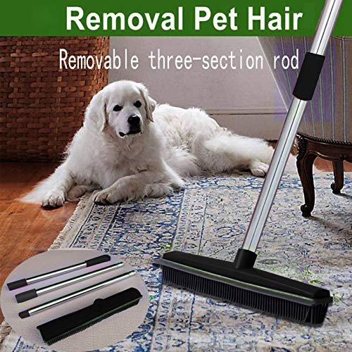 Telescopic Rubber Broom with Squeegee, Multifunction Adjustable Pet Hair Removal Carpet Rake for Fluff Rug Hardwood Floor (Black) - color: Black