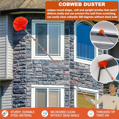 20+ Feet High Reach Dusting Kit, Cobweb Duster & Ceiling Fan Duster with 3-14 ft Extension Pole for Cleaning, Microfiber Feather Duster Cleaner for Cleaning Walls Bookshelves Furniture Door Window