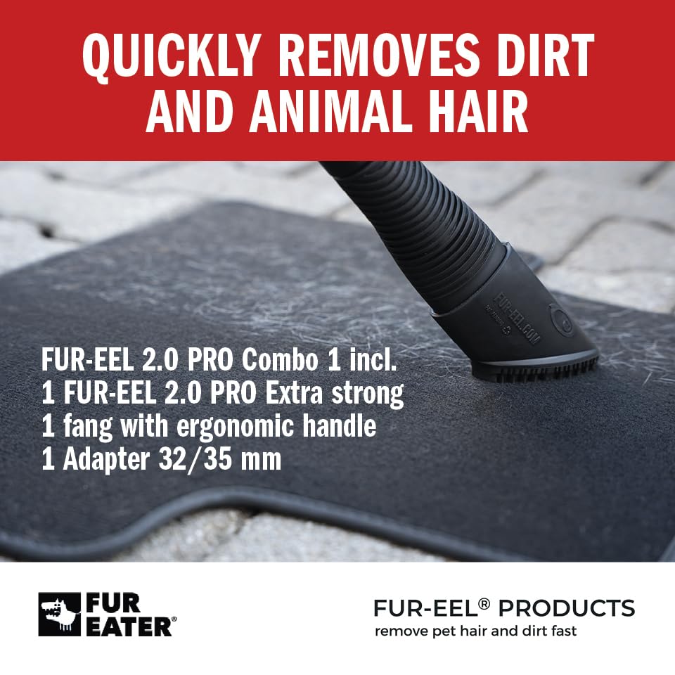 FUR-EEL PRO 2.0 Pet Hair Remover Vacuum Attachment, Replaceable Rubber Brush Head for Dog & Cat Hair, Fits 1-1/4, 1-3/8 & 1-1/2 in Round Hoses, for Car Detailing, Carpet & Upholstery - color: Pro 2.0