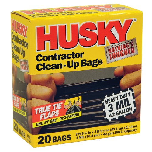 Husky HK42WC020B 42-Gallon Polyethylene Resin Contractor Clean-Up Bags, 20 Count, 2 ft 8.75in L x 3 ft 9.13 in W x 3 mil T, Black - color: Black, style: Clean-Up Bags