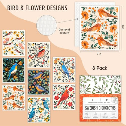 Swedish Dishcloths for Kitchen, 8 Pack Reusable Paper Towels Washable, Super Absorbent Kitchen Towels, No Odor, Biodegradable, Quick Drying, Dishwasher Safe - color: 8 Count- Flowers and Birds
