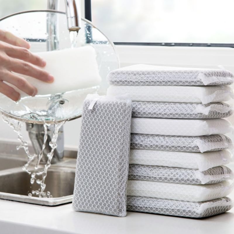 Netted Kitchen Sponge Cleaner Mesh Cover Quick Dry Absorbent Non Scratch Sponge for Dishes, Pans, Glassware and Countertops, White with Gray(Five Sets of) - color: White With Gray(five Sets Of)