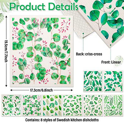 Lucomb 8 Pack Swedish Dish Cloths Washable, Reusable Cleaning Kitchen Paper Towel Sponge Dishcloths, Fast Drying Absorbent Hand Wipes Odorless Tea Towel for Kitchen Home Bar (Plants) - color: Green Plants