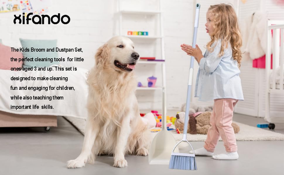 Mini Broom with Dustpan for Kids,Little Housekeeping Helper Set (White+Blue) - color: White+blue