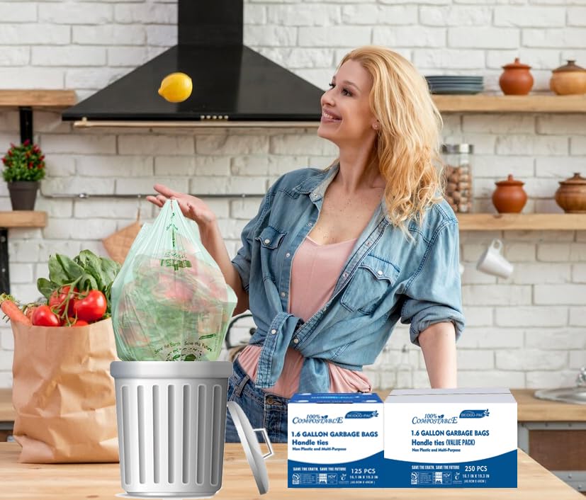 BEIDOU-PAC 1.6 Gallon Certified Compostable Trash Bags with Handle, 125 Count Small Compost Kitchen Garbage Bags, Food Scrap Waste Bags for Countertop Bin, Meets ASTM D6400 US BPI Certified - style: Handle | 1.6 Gallon | 125 Count