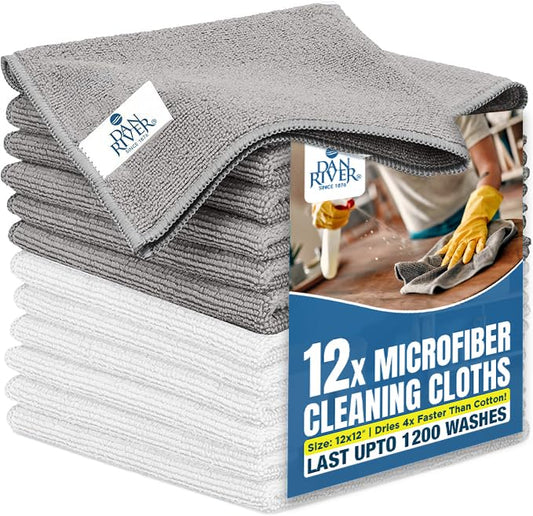 DAN RIVER 12-Pack Microfiber Towels – Ultra Absorbent, Lint-Free & Streak-Free Cleaning Cloths for Home, Car & Kitchen - Must-Have Cleaning Essentials - 12" x 12" - Gray White - color: Gray White, size: Microfiber 12 Pack