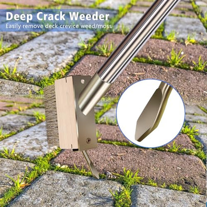 Moss Grout Remover Brush Tool with Detachable 64.9Inch Handle for Outdoor Concrete Deck Pavers Patios Walkways Crevice Cleaning, 2 Pcs Metal Wire Brush Heads with Crack Scraper Weeder Puller