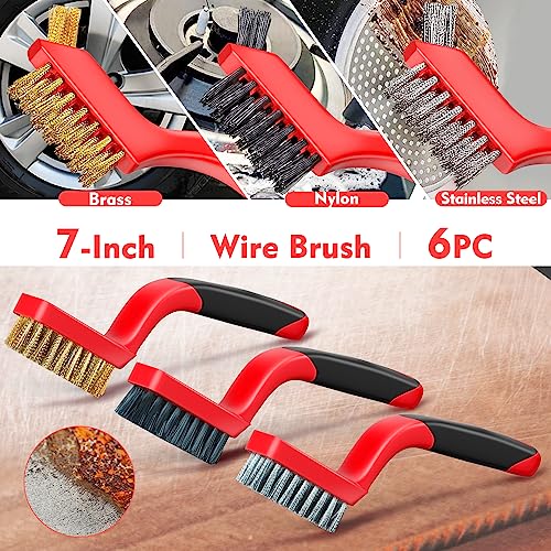 Wire Brush Set, 4-Piece - Nylon/Brass/Stainless Steel Wire Brush/Cleaning Towel with Curved Handle for Rust Removal, Stain Removal and Paint Brush Deep Cleaning - 7-Inch and 8-Inch (Red)