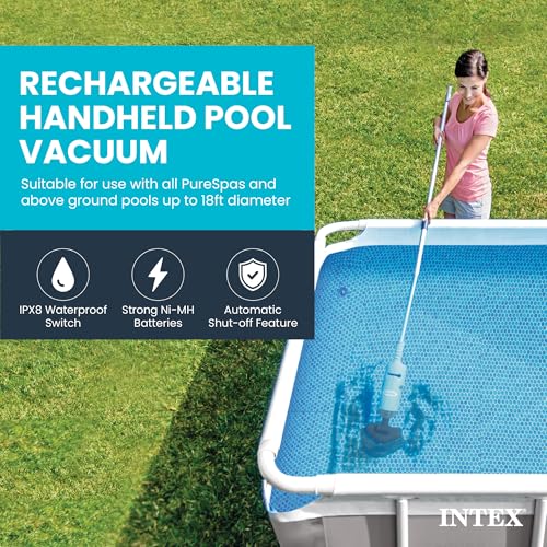 INTEX Rechargeable Handheld Pool Vacuum Cleaner with 94” Telescoping Pole, 2 Brush Heads, & Shaft Adapter for PureSpas & Pools