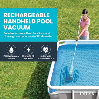 INTEX Rechargeable Handheld Pool Vacuum Cleaner with 94” Telescoping Pole, 2 Brush Heads, & Shaft Adapter for PureSpas & Pools