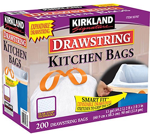 Kirkland Signature 13 Gallon 200 Ct Carton 100% recyclable Heavy Duty Drawstring Kitchen Trash Bags Garbage Bag,White - color: White, size: 200 Count (Pack of 1)