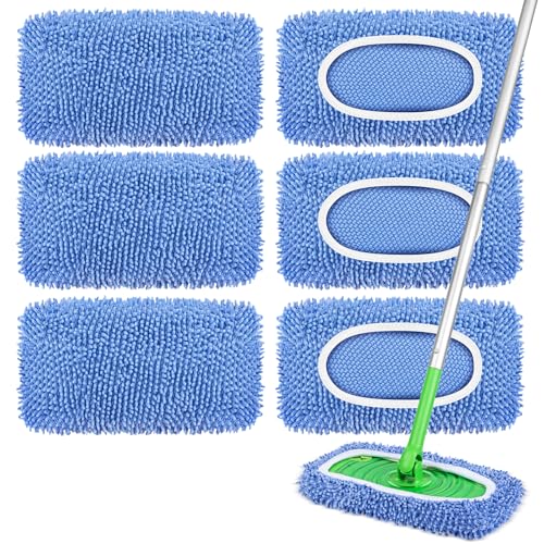 6 Pack Reusable Mop Pads Compatible with Swiffer Sweeper, Dry Sweeping Cloths & Wet Mopping Cloths - Microfiber Mop Pads for Hardwood Floors, Floor Cleaning, Wood Floors (Blue) - color: Blue-6 Pack
