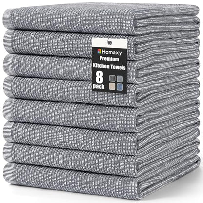 Homaxy Premium Kitchen Towels(18”x 28”, 8 Pack), Large Cotton Kitchen Hand Towels, Flat and Terry Dish Towels, 380 GSM Highly Absorbent Tea Towel Set with Hanging Loop, Grey - color: Grey, style: 8-pack