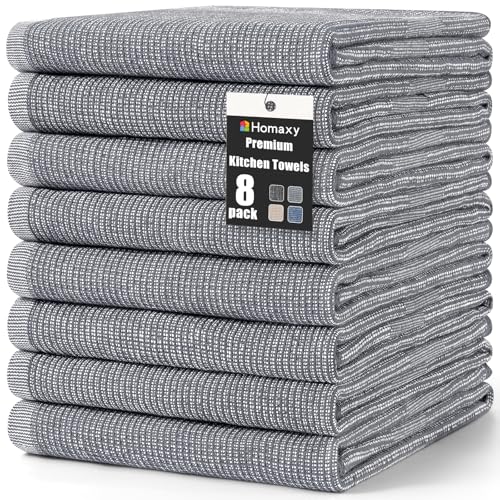 Homaxy Premium Kitchen Towels(18”x 28”, 8 Pack), Large Cotton Kitchen Hand Towels, Flat and Terry Dish Towels, 380 GSM Highly Absorbent Tea Towel Set with Hanging Loop, Grey - color: Grey, style: 8-pack