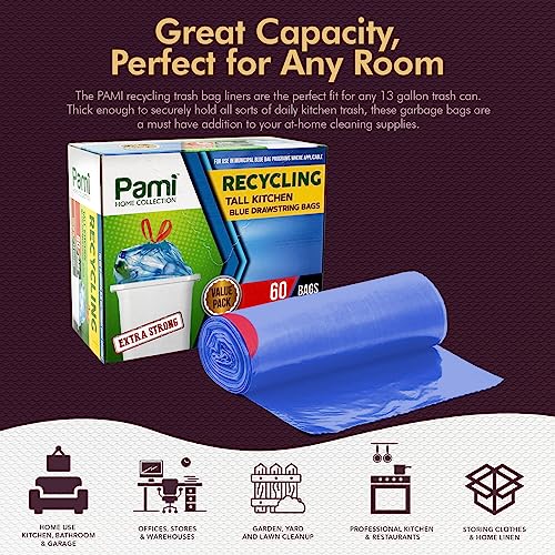 PAMI Recycling Tall Kitchen Drawstring Trash Bags- Extra-Strong Plastic Garbage Bags- Thick Trash Can Liners For Kitchen & Outdoor Bins- 2ft x2ft Unscented Trash Bags (13 Gallon – 60 Count – Blue) - style: 13 Gallon – 60 Count – Blue