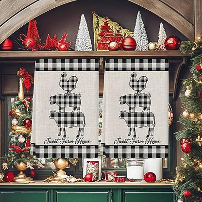Farm Buffalo Plaid Kitchen Towels, Absorbent Microfiber Hand Towels for Kitchen Bathroom Bar Decorative Pig Cow Chicken Ultra Soft Resuable Cleaning Cloths Washable Fast Drying - size: 18" x 28"