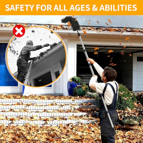 10.5FT Gutter Cleaning Tools from The Ground, Adjustable Rain Gutter Cleaning Brush with Pole, Long-Reach Gutter Cleaner & Brush, Ladder-Free Removal of Leaves, Branches & Debris