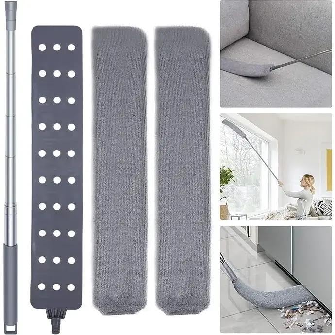Flexible Flat Duster with Extendable Handle, Microfiber, for Under Furniture, Beds, Fridges, with 2 Washable Pads