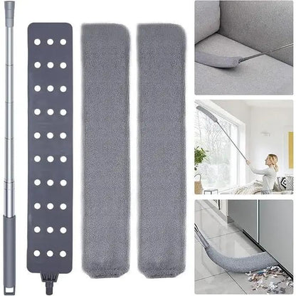 Flexible Flat Duster with Extendable Handle, Microfiber, for Under Furniture, Beds, Fridges, with 2 Washable Pads