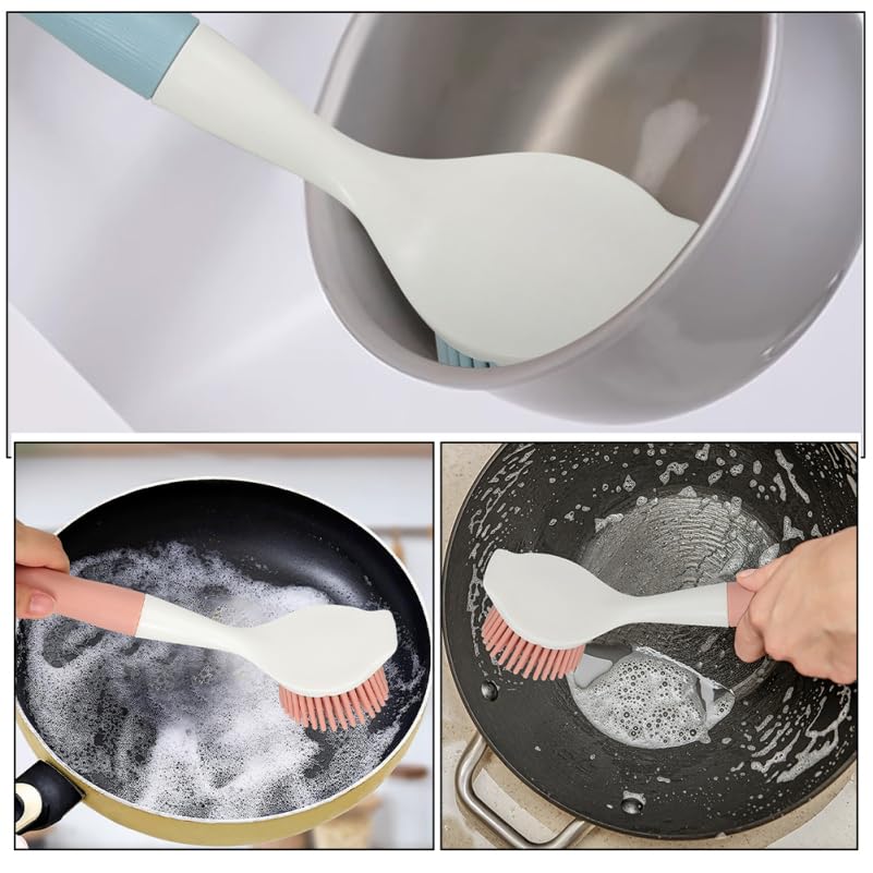Didiseaon Silicone Pot Brush 2Pcs Set with Long Handle for Non-Stick Cookware Cleaning Grease and Grime Removal, Comfortable Grip for Home Kitchen Use