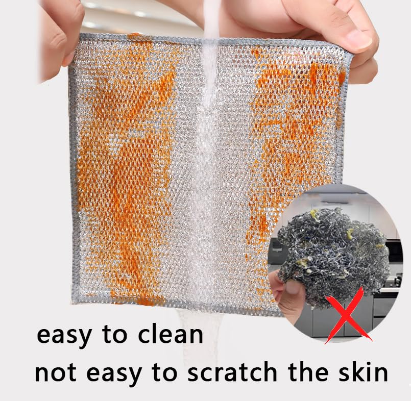 10 Counts Non Scratch Wire Dishcloth Multipurpose Wire Dishwashing Rag for Wet and Dry Use, Metal Scrubbers for Cleaning Dishes, Dual-Sided 2-Layer Kitchen Cleaning Cloth with Mesh, Mesh Dish Cloth