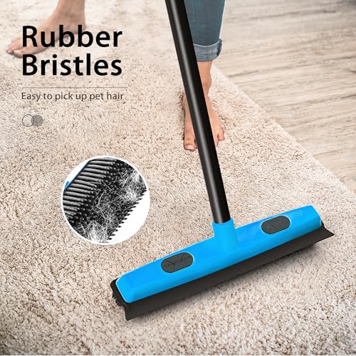 JEHONN Rubber Broom Carpet Rake Brush for Pet Hair with Squeegee, 52.8 inches Long Handle Silicone Fur Scraper Removal Tool with Detailing Lint Comb for Rug, Tile, Hardwood Floor Cleaning (Blue) - color: Blue