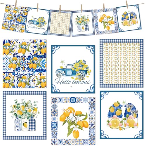 Lemons Swedish Dishcloths for Kitchen, 6 Pcs Reusable Tiles Lemons Sponge Cleaning Cloths, Absorbent Summer Yellow Fruit Dish Cloths Towels Wipes for Cooking Home Decoration Housewarming Gift - style: Tiles Lemons