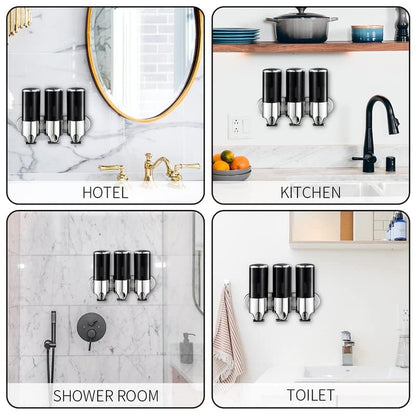 No-Drill 3 Pack 500ml Wall Mounted Soap Dispenser for Bathroom and Kitchen, Shampoo and Conditioner Dispenser Drill Free with Adhesive(Round-Black) - color: Black-1