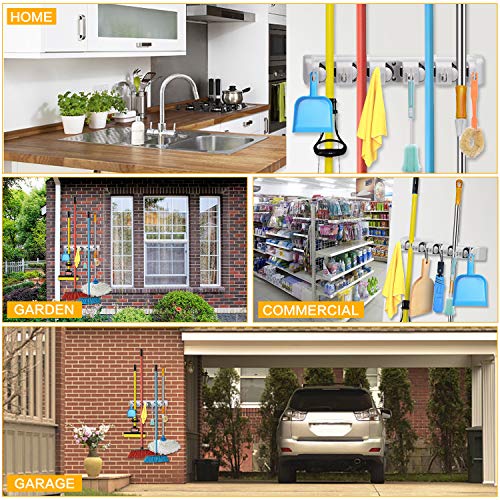Champs Mop Broom Holder Wall Mounted Commercial Organizer Storage Rack for Garden Tools, Kitchen, Garage and Laundry [5 Slots with 6 Hooks]