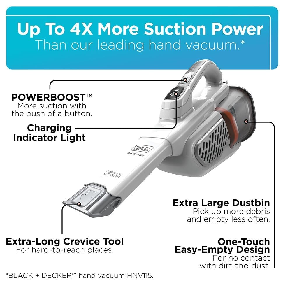 BLACK+DECKER Dust Buster Hand Held Vacuum Cordless Rechargeable, Portable Vacuum for Car, Extended Runtime, Powerful Suction, Extra Long Crevice Tool, AdvancedClean+ (HHVK320J10)