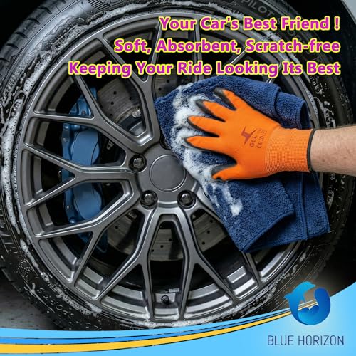 Microfiber Fingers Dusting & Cleaning Mitt and Large Towel Set, Machine Washable, Highly Absorbent Car Detailing Cleaner for Drying, Washing and Wax Polishing (1 Green Mitt, 1 Blue Towel)