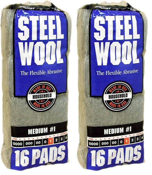 Homax Rhodes American Household Steel Wool16 pad, Medium Grade #1, 16 Pads (Pack of 2) - size: 16 Pads (Pack of 2), style: Medium Grade #1