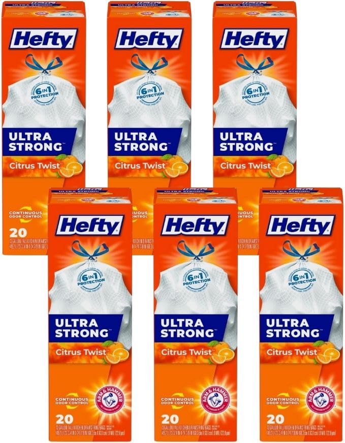 Hefty Ultra Strong Tall Kitchen Trash Bags, Citrus Twist, 13 Gallon 20 Count (Pack of 6) - size: 20 Count (Pack of 6)