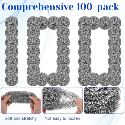 100 Pcs Stainless Steel Scouring Pads Heavy-Duty Metal Sponge Scrubbers for Kitchen & Grill Cleaning, Rust-Resistant Steel Wool for Pots, Pans, Oven 2.5"x1.5"