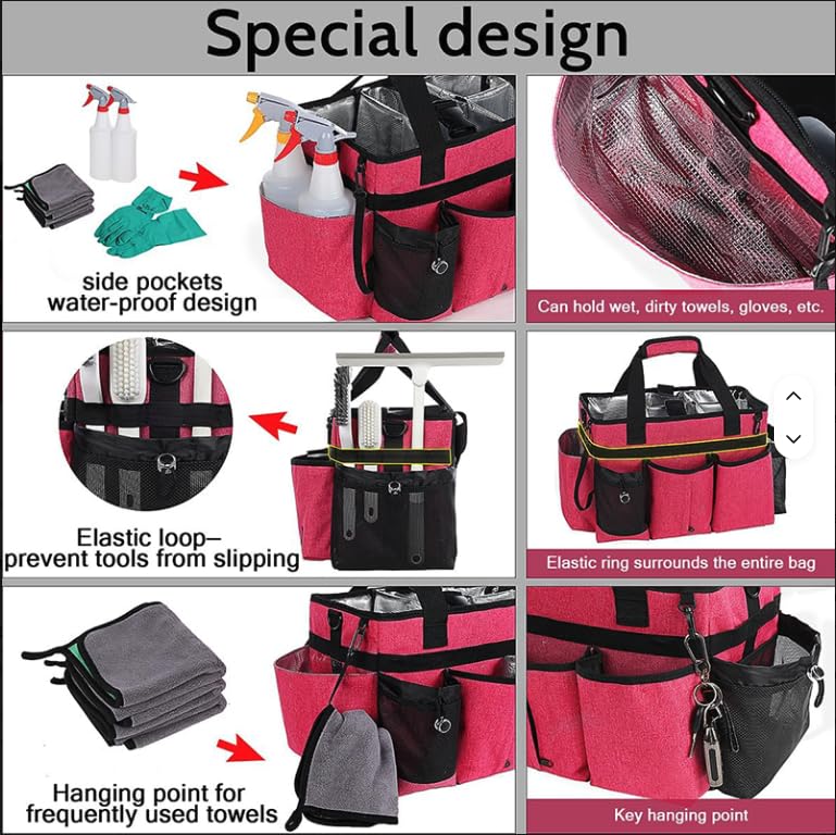 werable Cleaning Caddy Organize Bag with Spray bottle & Towel,Handles for Cleaners & Housekeeper,Bathroom,Under Sink & Car Cleaning Tool Organizers Bag with Adjustable Shoulder Strap&Waist Belt (Red) - color: Red