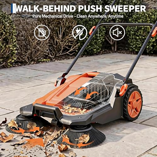 GarveeTech 25.6 in Walk-Behind Hand Push Floor Sweeper, 5 Gallon Capacity, Manual Outdoor Push Sweeper with Adjustable Folding Handle for Warehouses, Workshop, Garages