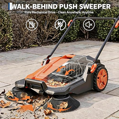 GarveeTech 25.6 in Walk-Behind Hand Push Floor Sweeper, 5 Gallon Capacity, Manual Outdoor Push Sweeper with Adjustable Folding Handle for Warehouses, Workshop, Garages