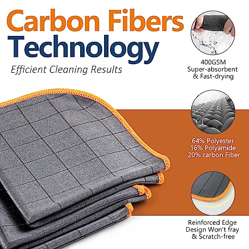 Airlab Carbon Microfiber Towels for Car Glass Window Polishing Cleaning Cloth Auto Detailing Lint Free Streak Free Drying Car Wash Large Towel, Pack of 3, 12" x 12", Grey-Orange - color: 12 X 12 Inch, Pack of 3, Grey-orange