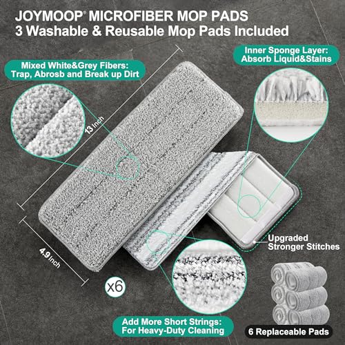 JOYMOOP Microfiber Flat Mop System with Bucket, White, Hands-Free Floor Cleaning Set, Wet and Dry Use, 6 Reusable Pads - size: Middle Bucket #13 + 60" Flat Mop + 6 Pads