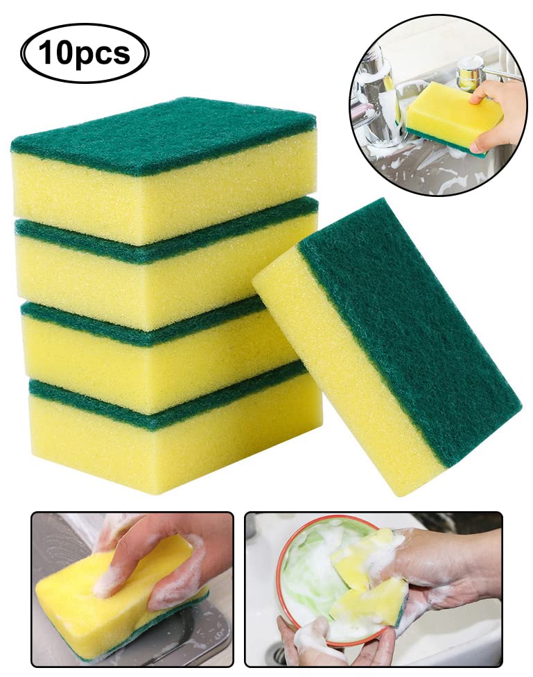 AKOAK 10 Pcs 3.9" x 2.8" x 1.2" Heavy Duty Scrub Sponge – Kitchen Dish, Sink and Bathroom Cleaning Scrubber Sponge