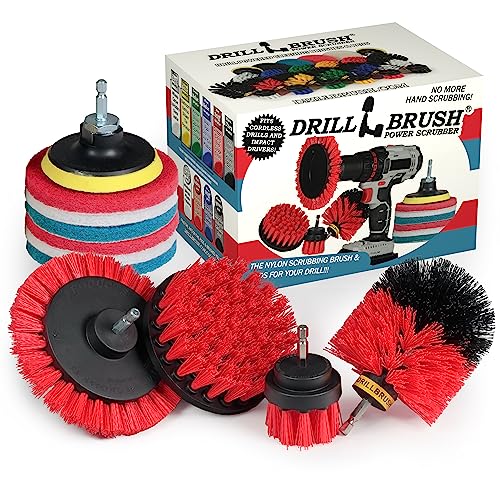 Drillbrush Commercial Heavy Duty Scouring Pads and Scrubber Set Drill Powered Nylon Scrub Brush Attachment Set Outdoor Cleaning Drill Brush Power Scrubber - color: Red