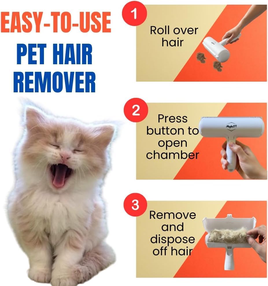 Pet Hair Remover Roller Reusable Lint Roller for Dog & Cat Hair – Fur Remover for Couch, Furniture, Carpet, Car Seats & Clothes – Portable Manual Pet Hair Cleaning Brush (White) - color: White