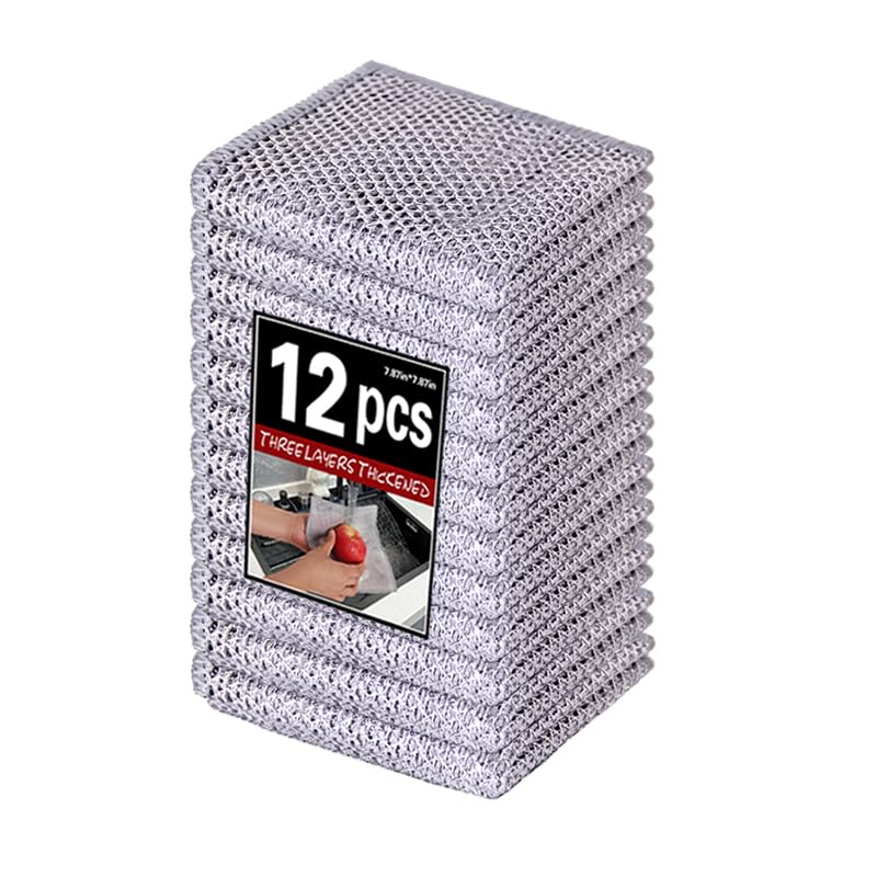 12pcs Scratch-Free Steel Dishcloths. Reusable, Quick-Dry, Odorless. Perfect for Dishes, Sinks, cookware. 7.87"x7.87". (12, Light Gray, Large) (12pcs[Three-Layer Silver ], 7.87×7.87inch) - color: 12pcs[three-layer Silver ]