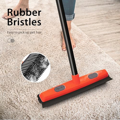 JEHONN Rubber Broom Carpet Rake Brush for Pet Hair with Squeegee, 52.8 inches Long Handle Silicone Fur Scraper Removal Tool with Detailing Lint Comb for Rug, Tile, Hardwood Floor Cleaning (Red) - color: Red