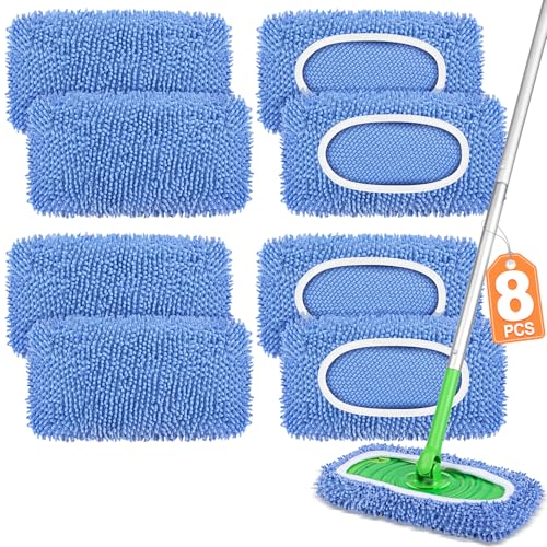8 Pack Reusable Mop Pads Compatible with Swiffer Sweeper, Dry Sweeping Cloths & Wet Mopping Cloths - Microfiber Mop Pads for Hardwood Floors, Floor Cleaning, Wood Floors (Blue) - color: Blue-8 Pack
