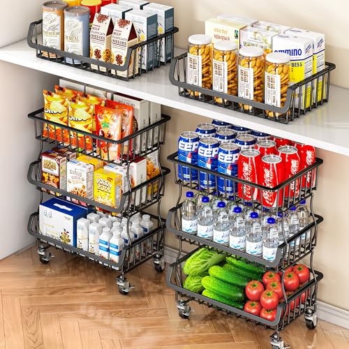 Gsiekare 3-Tier Rolling Pantry Organizer and Storage Cart with Wheels – Stackable Wire Snack Cart for Kitchen, Pantry Shelves and Storage Rack for Fruit, Vegetables, Onion, Potato (1 Pack) - size: 3 layer baskets (1 Pack)